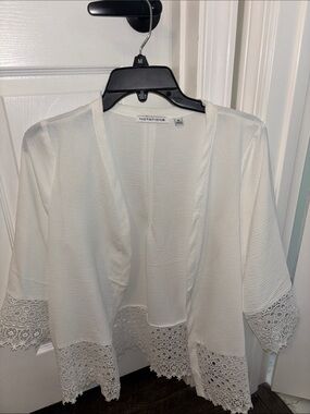 Notations Cream Crochet-Hem Open Front Cardigan